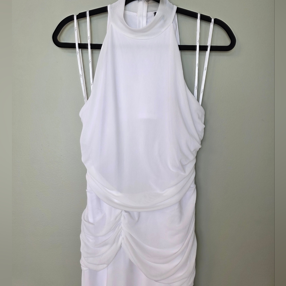 Lulus Audra White Mesh Mock Neck Bodycon Cutout Back Ruched Sides Midi Dress - Picture 4 of 14